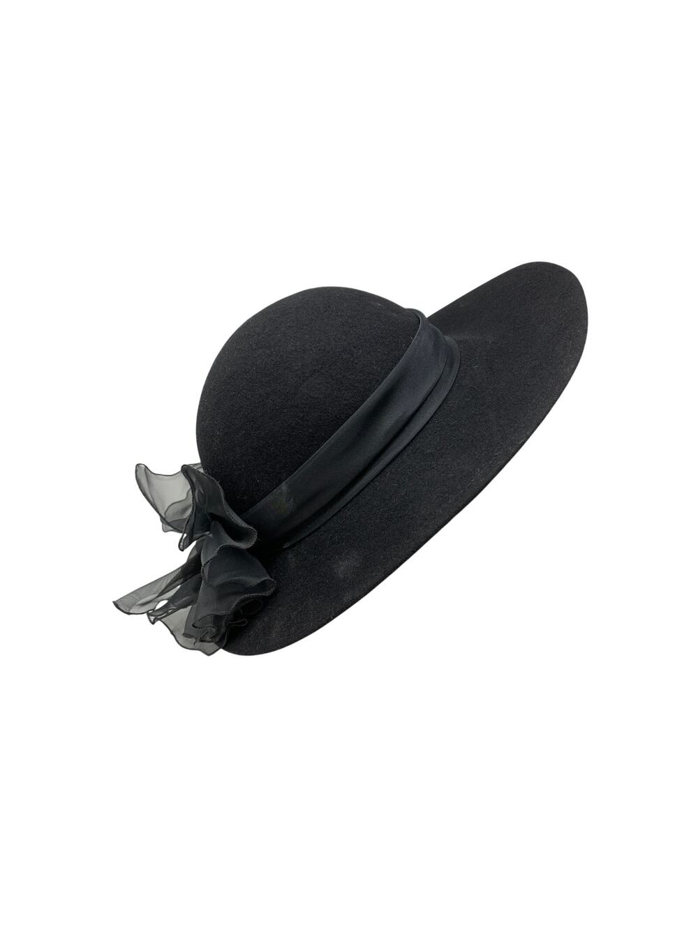 Arlin Black Wool Wide Brim Hat Vintage 1950s Bow Trim Made in USA